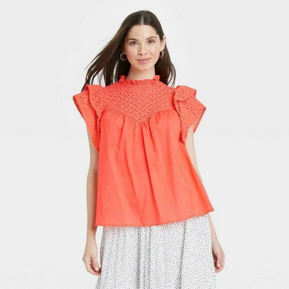 A New Day Orange Coral Butterfly Ruffle Sleeve Mock Neck Top Womens Size S